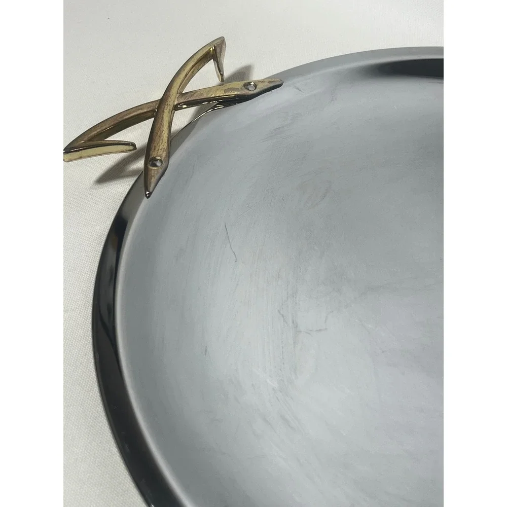 Kromex Serving Tray Silver Chrome Gold Atomic X Handles Mid Century Vintage MCM‎